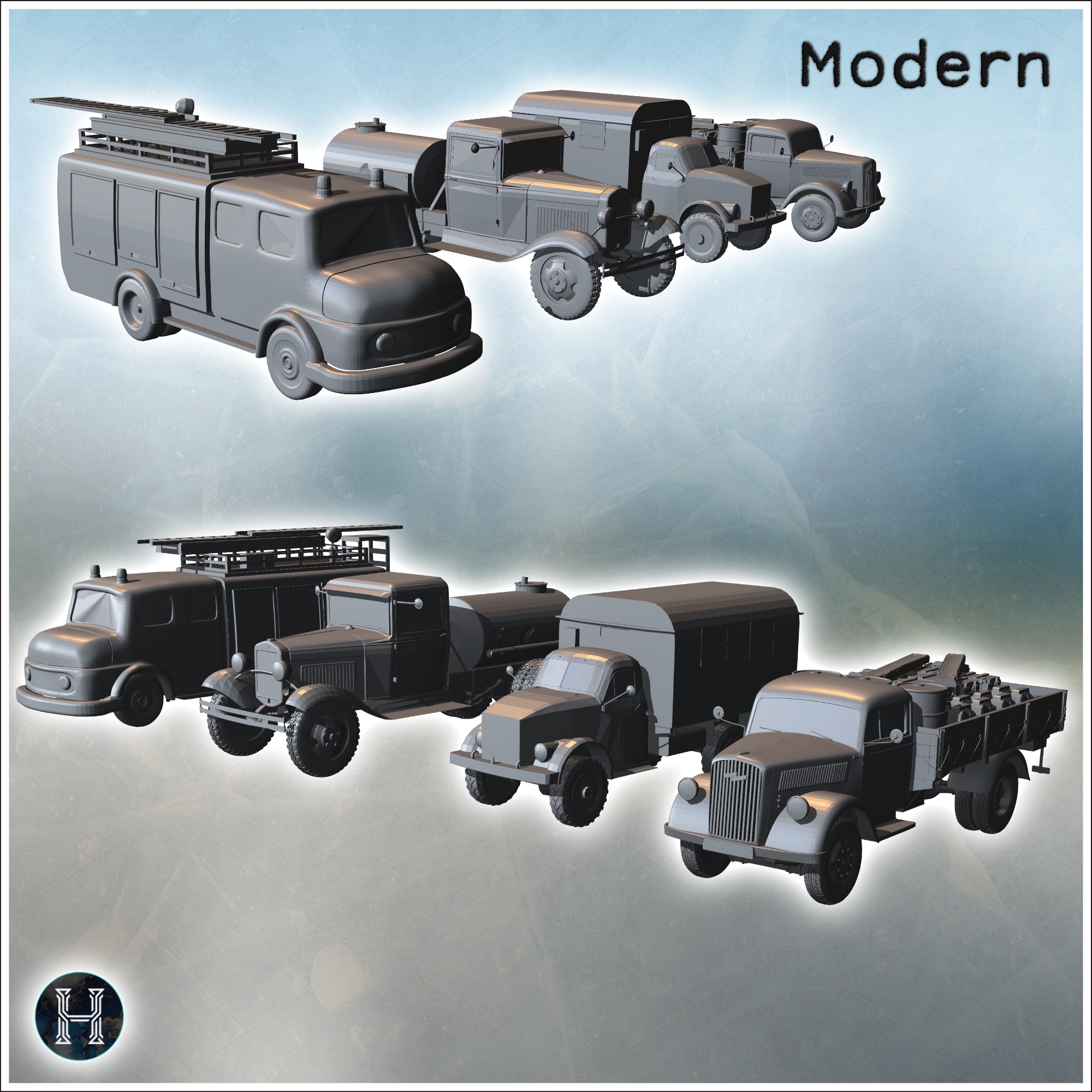 Variety of utility vehicles including fire truck and water tanker in line (4) - Modern WW2 WW1 World War Diaroma Wargaming RPG Mini Hobby